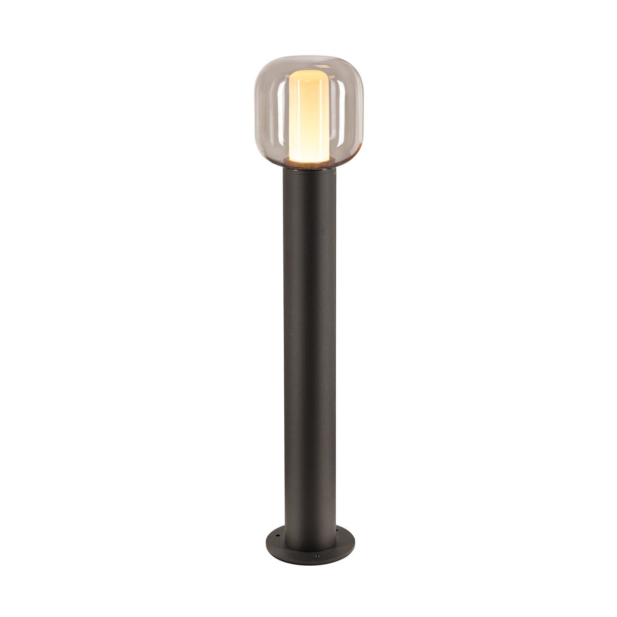Lampadaire extérieur anthracite sur fond blanc, diffuseur ovale en verre allumé.
