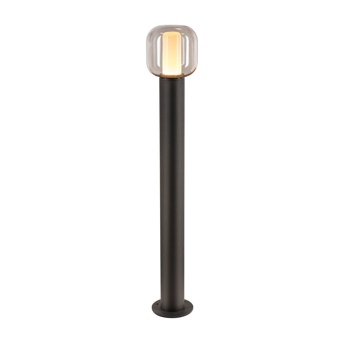 Lampadaire extérieur anthracite, pied cylindrique et tête en verre, vue de face