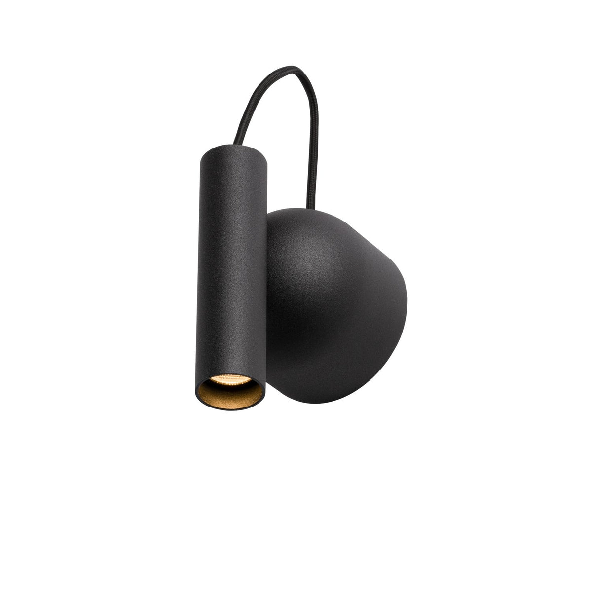 Applique murale noire design avec abat-jour cylindrique orientable et câble textile.