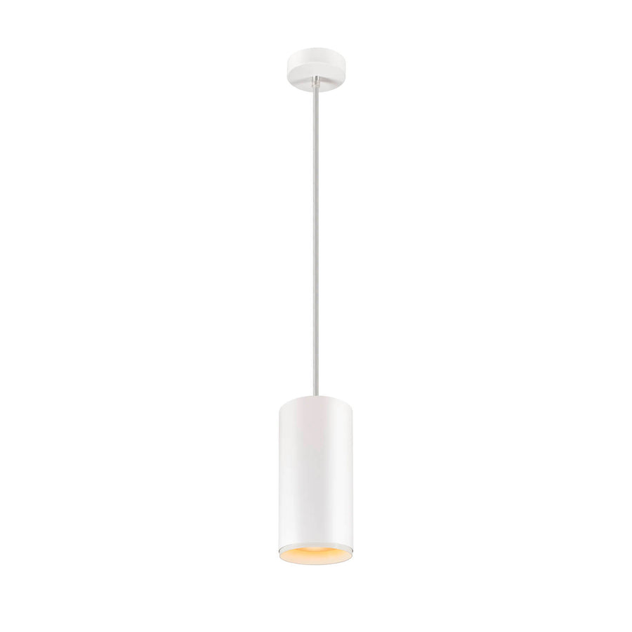 Vue de face du luminaire allumé, halo blanc chaud sous le cylindre.