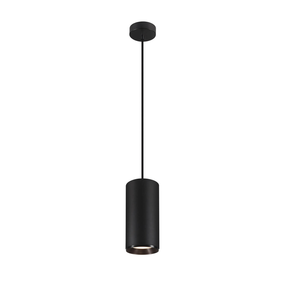 Suspension noire cylindrique vue de face avec câble et rosace