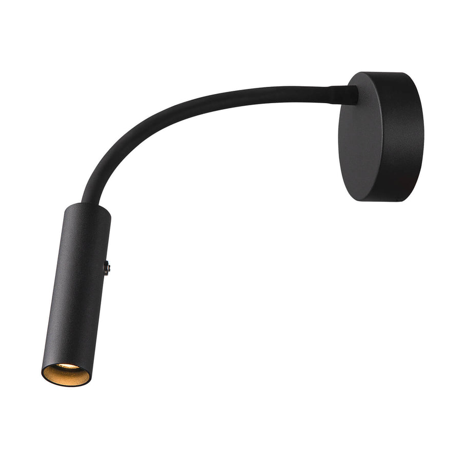 Vue latérale de l’applique noire, base ronde et long bras courbé orientable.