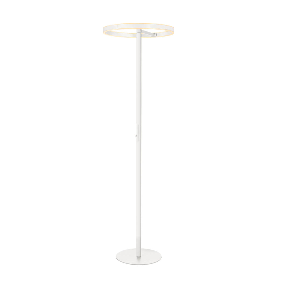 Lampadaire blanc vu de face, muni d'un anneau lumineux incliné en partie haute.