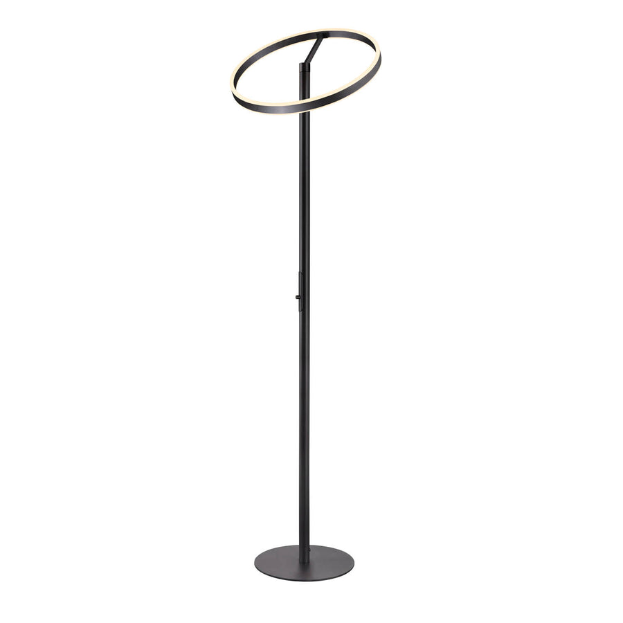 Autre angle du lampadaire sur pied, anneau éclairé et disque métallique formant la base.