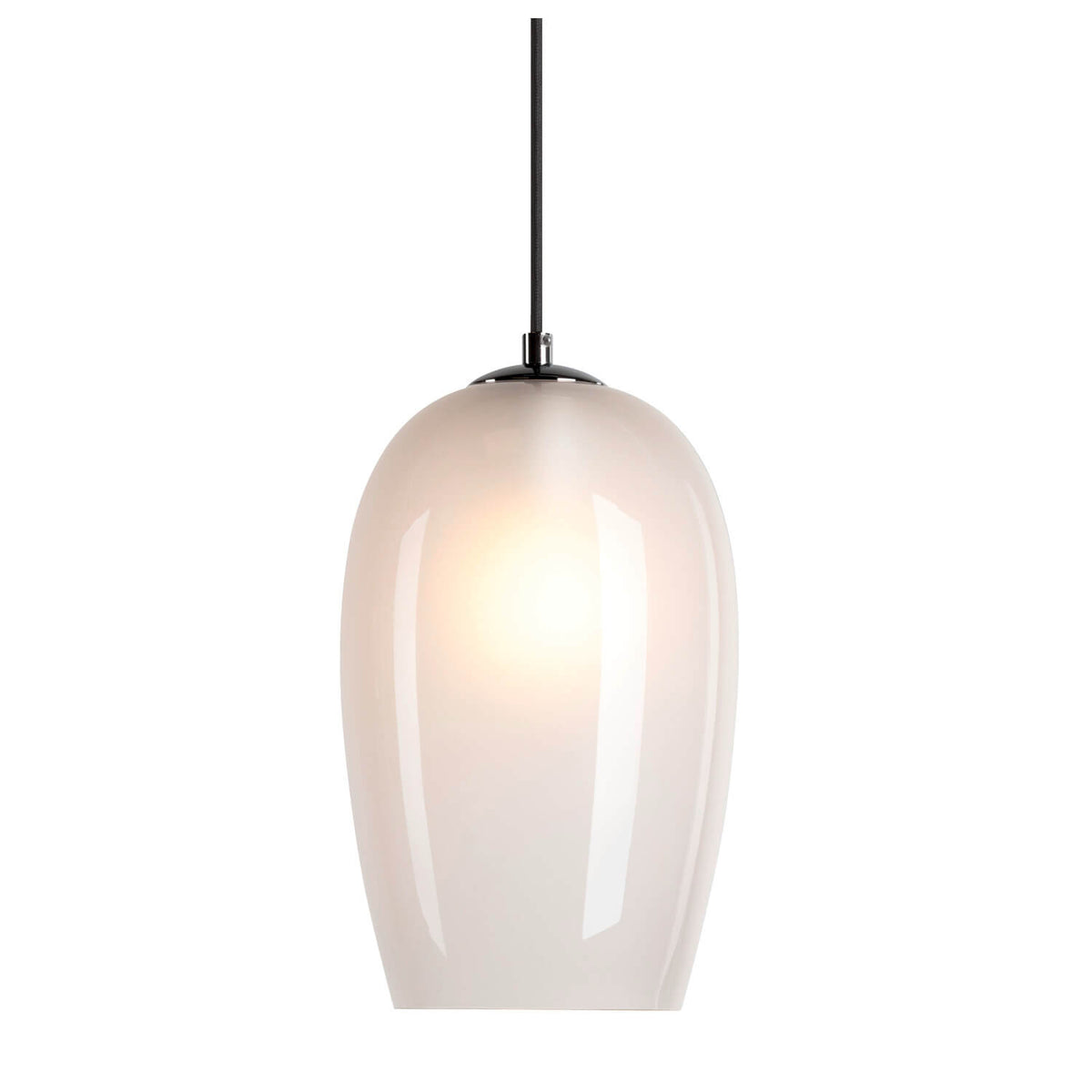 Suspension blanche allumée, vue de face sur fond neutre, montrant le diffuseur ovale en verre.