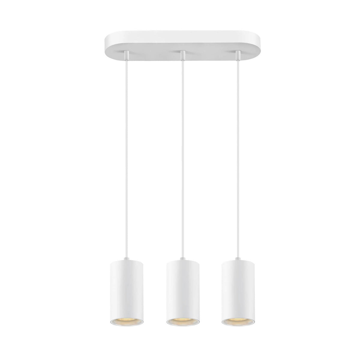 Suspension blanche à trois cylindres suspendus sous un grand support ovale.