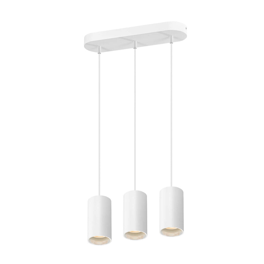 Vue en angle du luminaire blanc et de ses trois abat-jours cylindriques alignés.