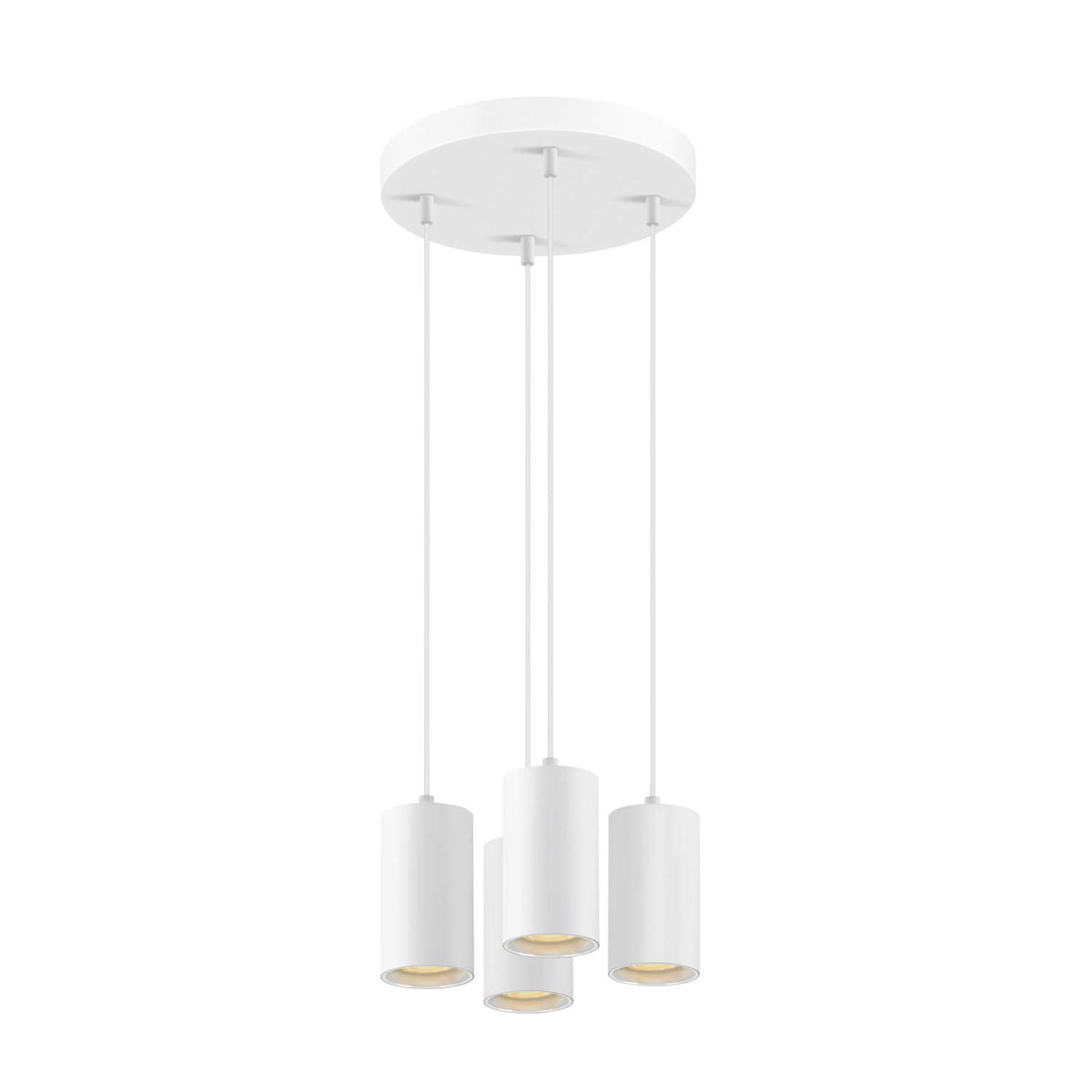 Suspension blanche à quatre cylindres suspendus sur fond blanc.
