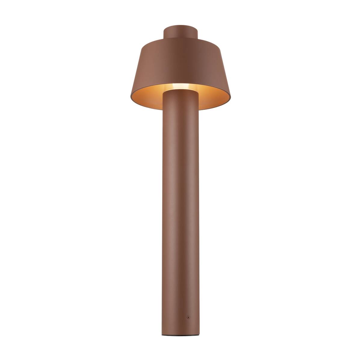 Lampadaire extérieur rouille vu de face, corps cylindrique et chapeau conique.