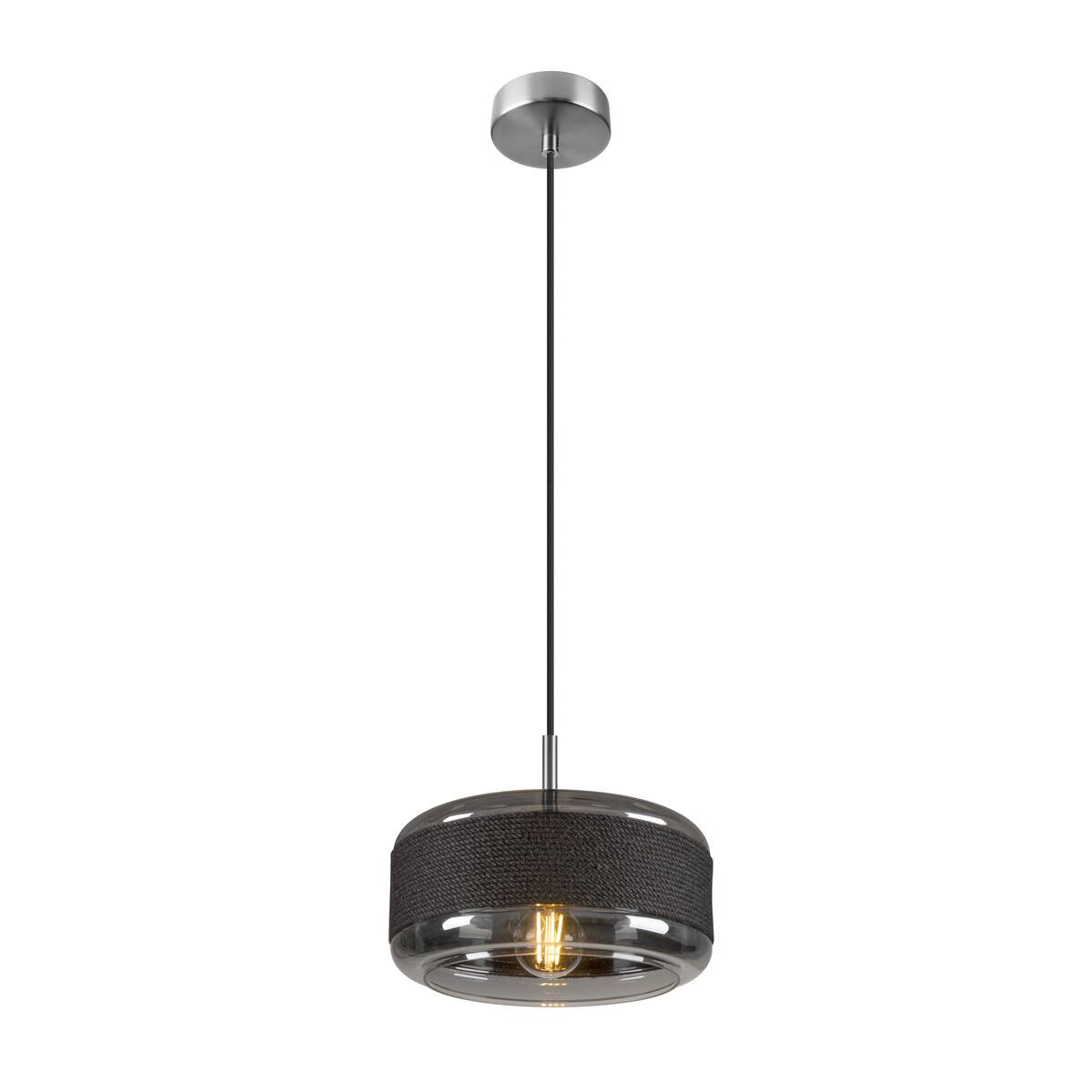 Même suspension éclairée, ampoule visible à travers le verre fumé et la corde noire.