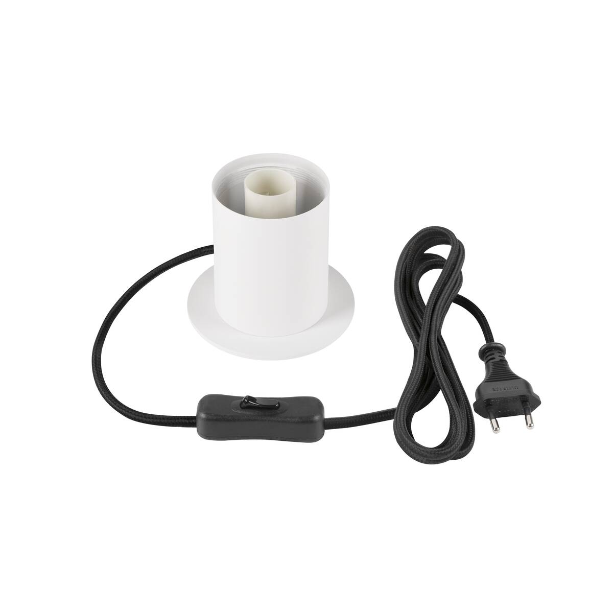 Socle blanc sans globe, douille et câble noir avec interrupteur et prise visibles