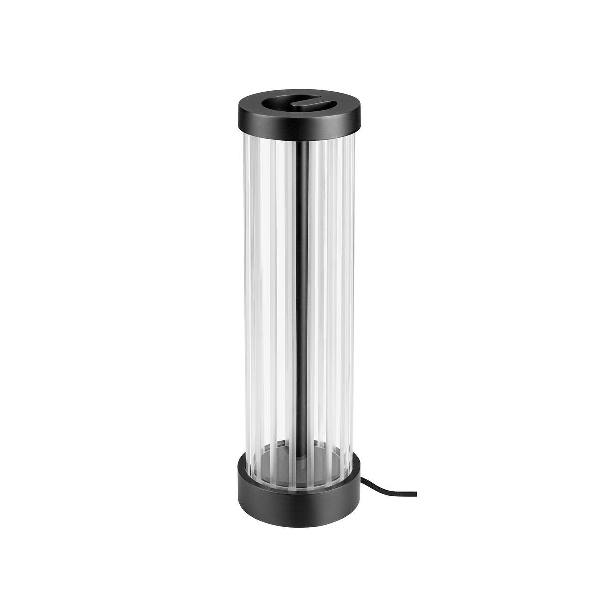 Lampe à poser cylindrique en verre transparent, éteinte, vue de face sur fond blanc.