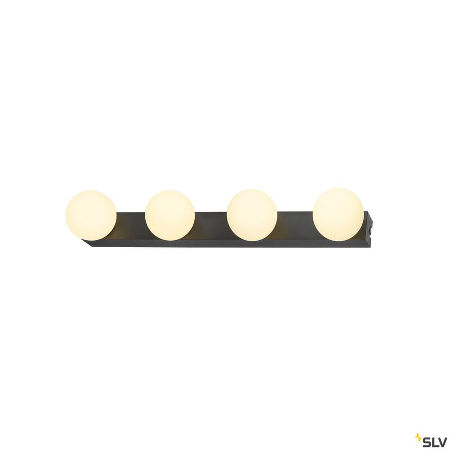 Vue horizontale de l'applique noire et de ses quatre globes lumineux alignés.