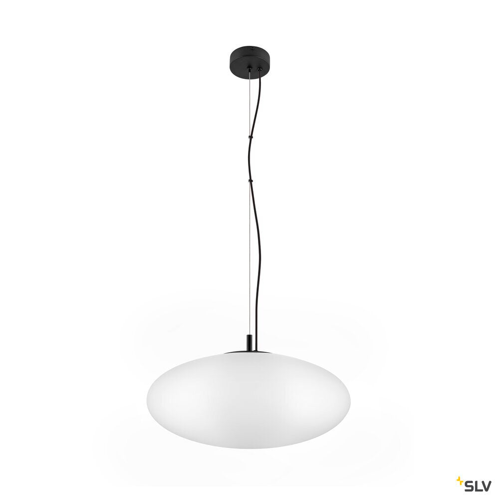 Vue de face du luminaire éteint avec son diffuseur blanc ovale.