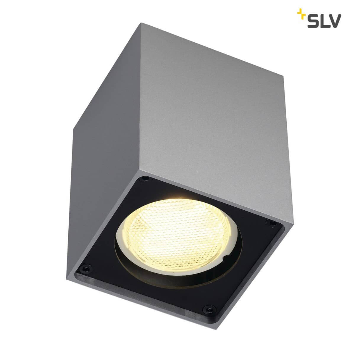 Vue rapprochée du spot SLV argenté avec la lentille LED éclairée