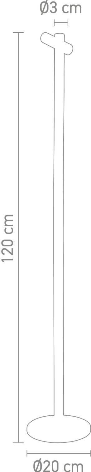 Schéma coté du luminaire : hauteur 120 cm, tige de 3 cm, base 20 cm