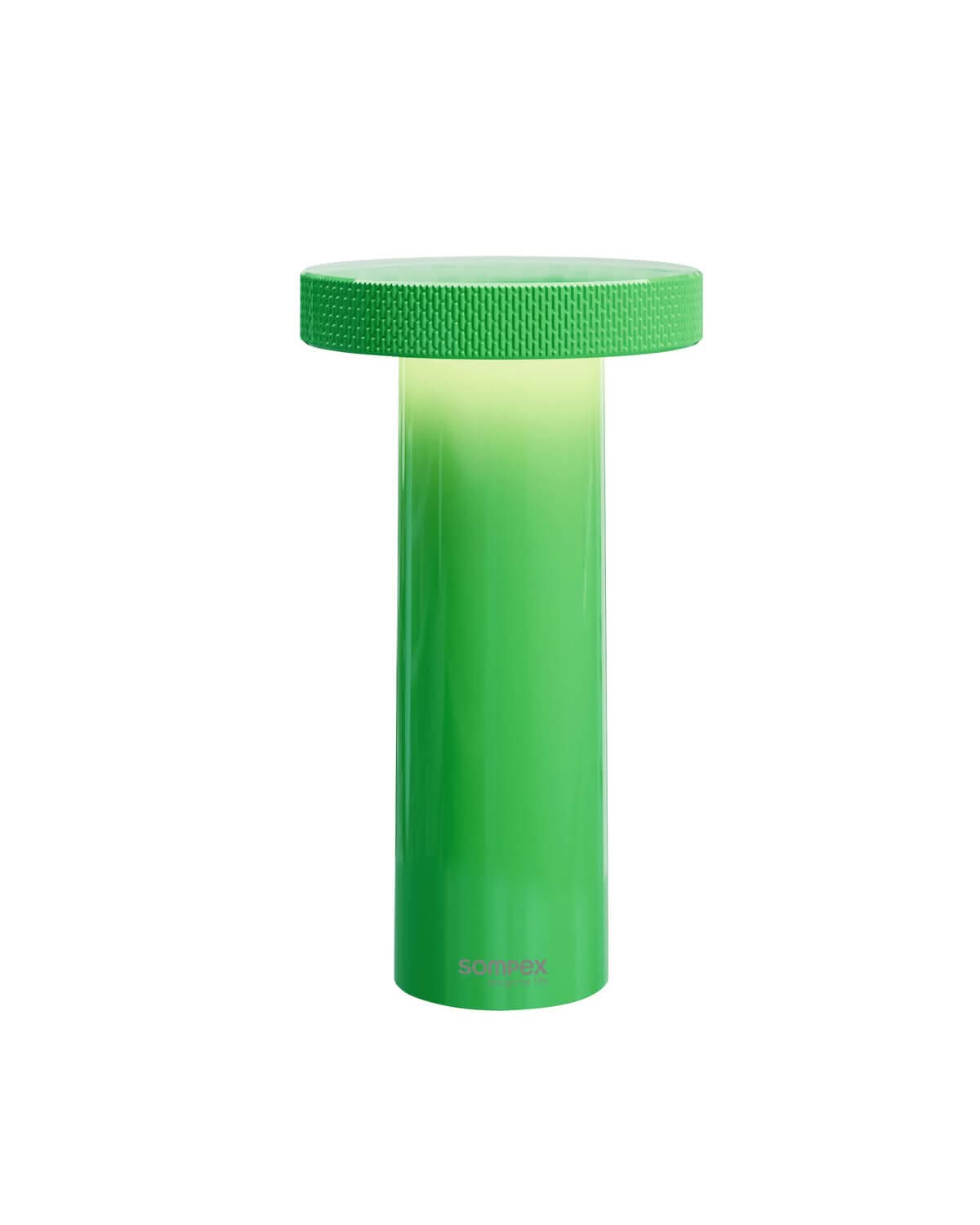 Produit détouré sur fond blanc, lampe cylindrique verte vue de face