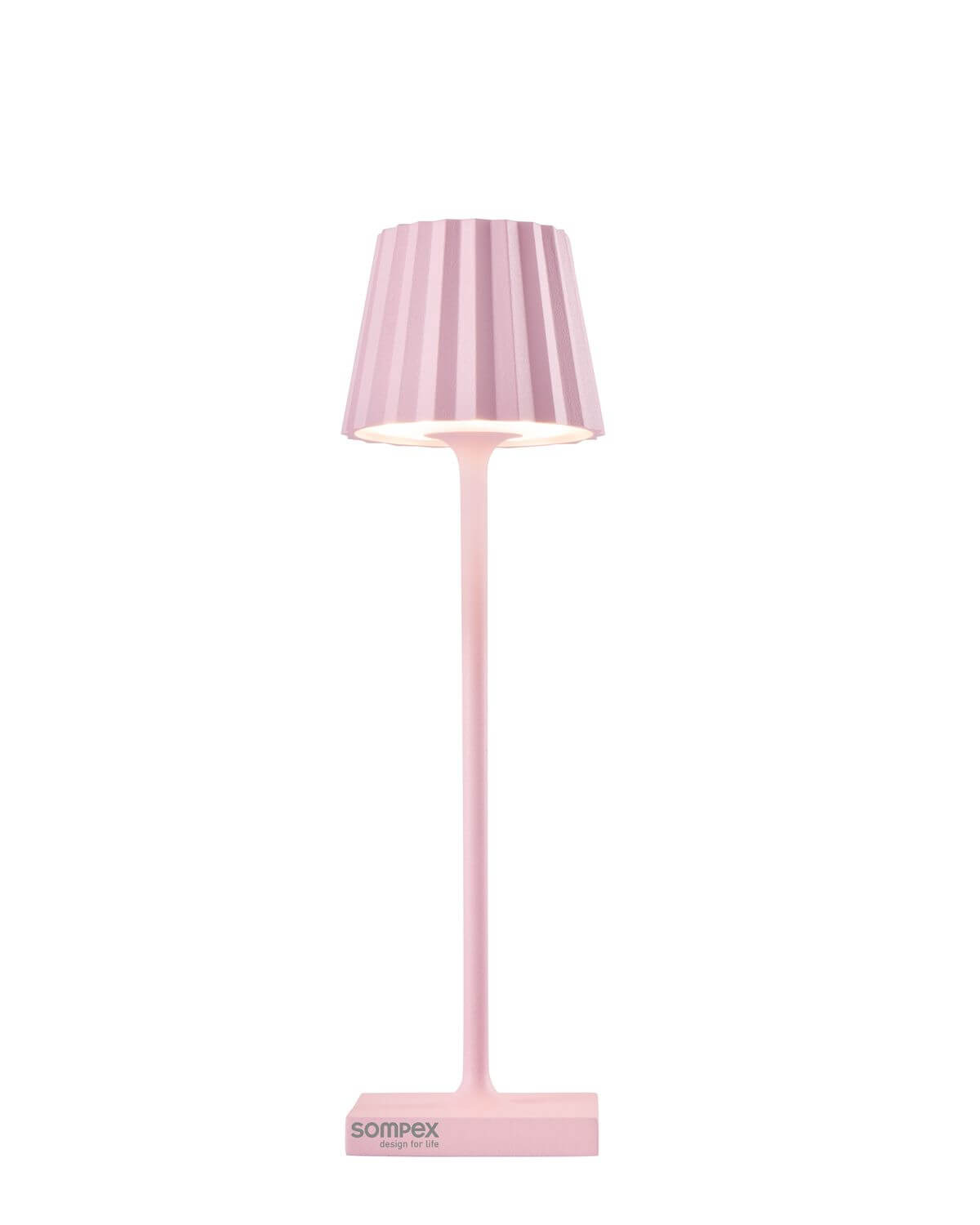 Lampe à poser rose sans fil, abat-jour conique plissé, tige fine et base rectangulaire.
