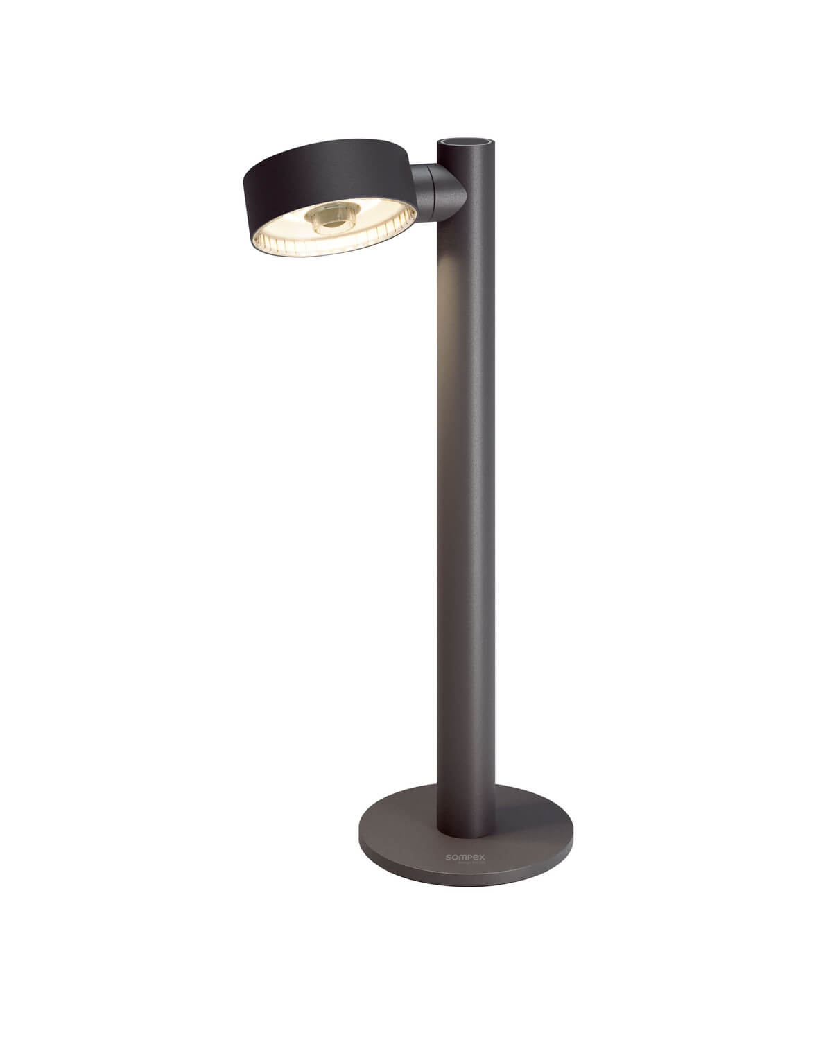 Lampadaire extérieur anthracite avec tête orientable et base ronde, sur fond blanc.