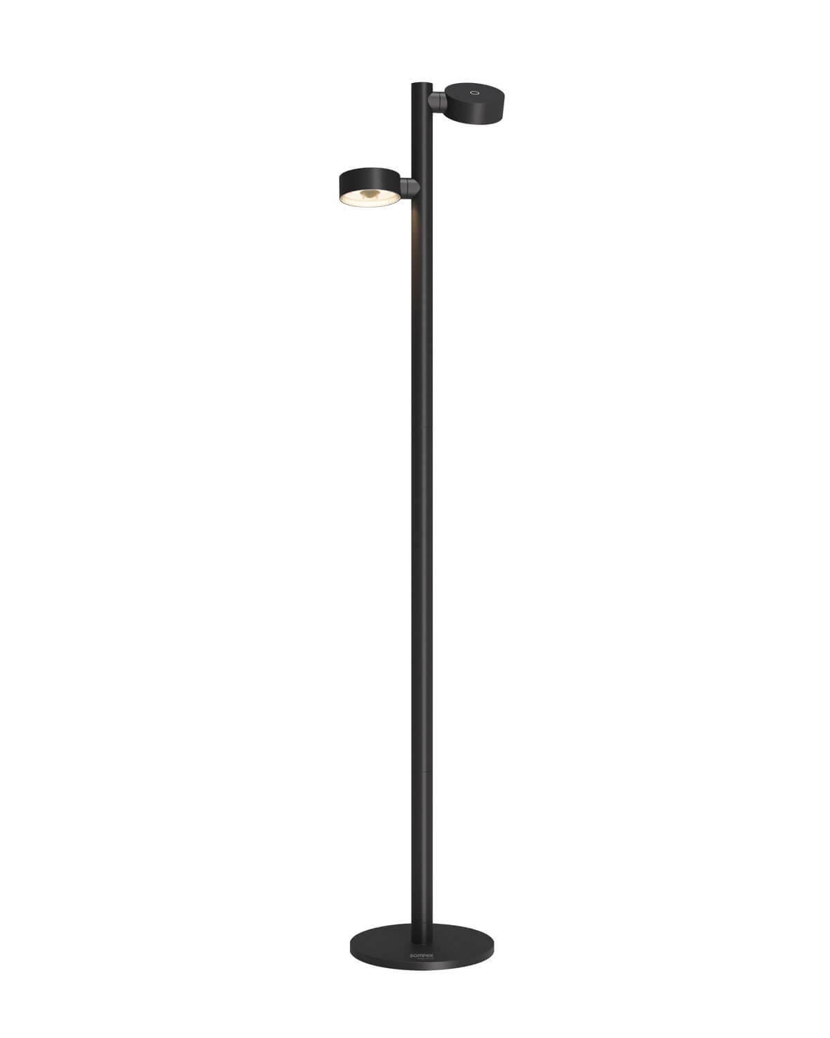 Lampadaire extérieur noir sur fond blanc, vue de face avec ses deux têtes rondes.