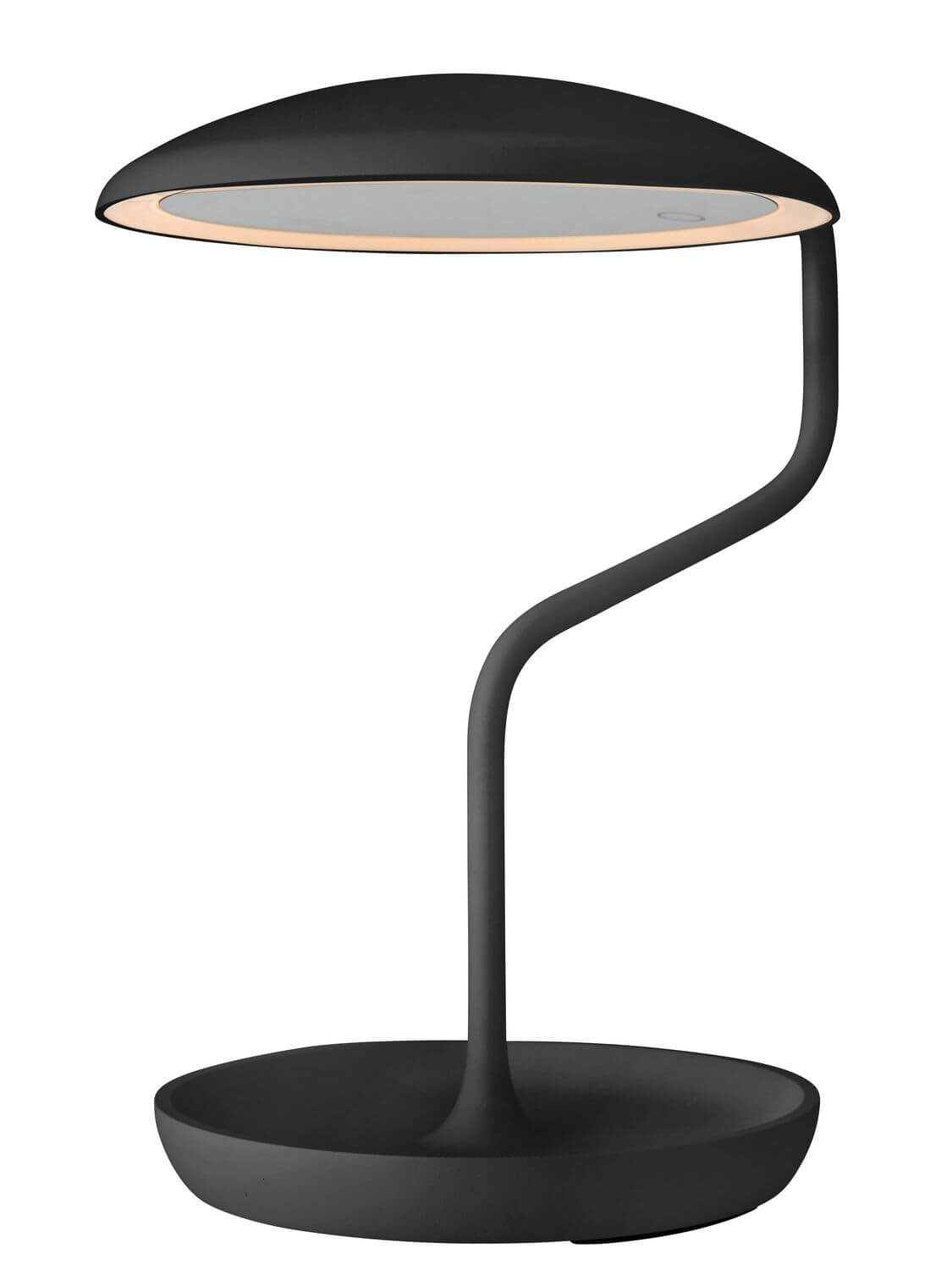 Vue de profil du miroir lumineux noir, mettant en valeur le pied et la base.