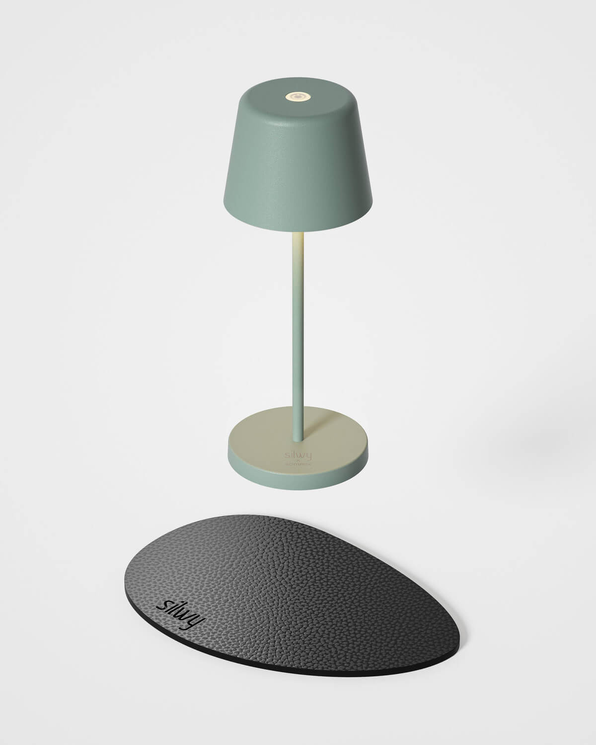 Lampe de table sans fil vert olive de face avec son socle arrondi