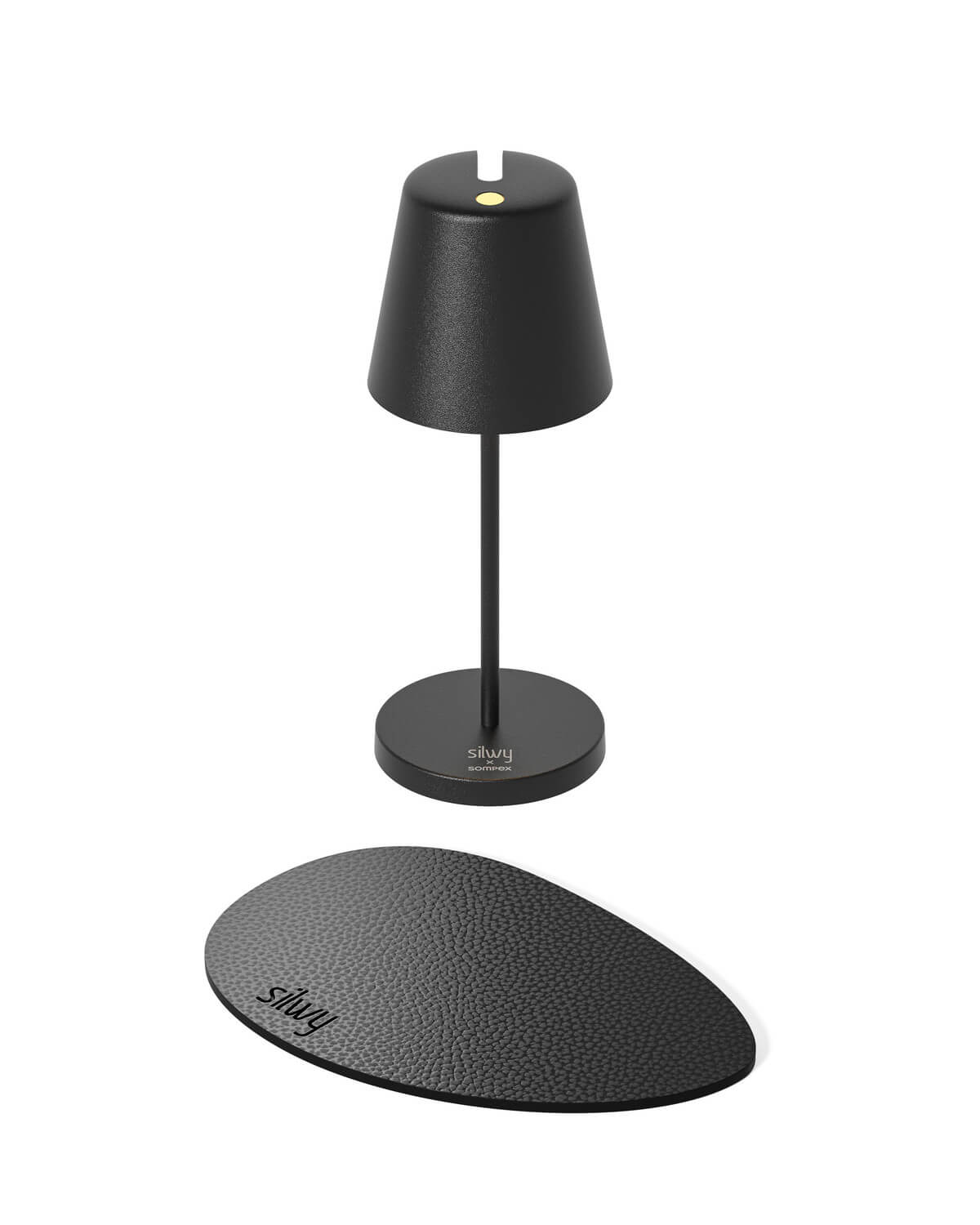 Lampe de table noire sans fil sur socle rond, vue de face et socle ovale séparé