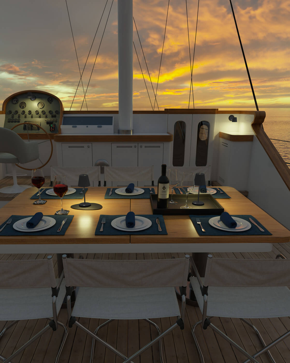 Mise en ambiance sur une table de bateau au coucher du soleil, deux lampes allumées