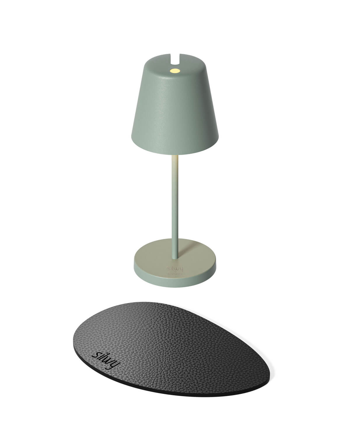 Lampe verte verticale sur socle rond, pastille noire ovale séparée