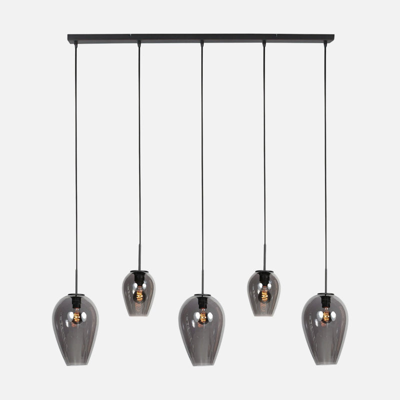 Black smoked glass linear pendant light, 5 globes Ø 15 cm | HaloSwap