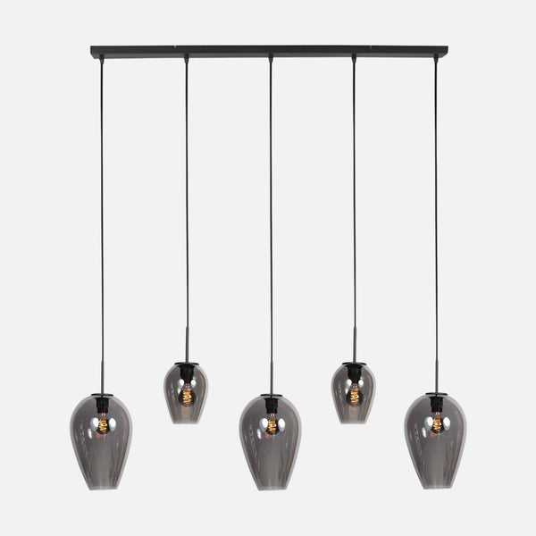 Black smoked glass linear pendant light, 5 globes Ø 15 cm | HaloSwap