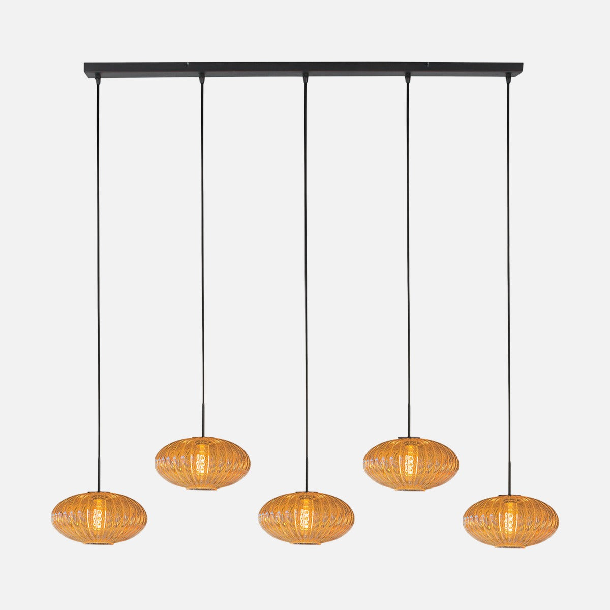 Suspension barre verre fumé ambré HaloSwap, 5 verres nervurés sur platine noire 110 cm