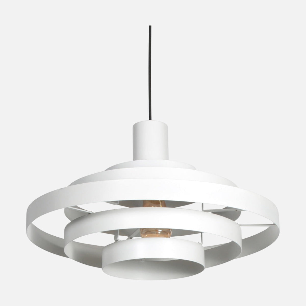 Suspension blanche design 5 anneaux métalliques Halo Cirque, intérieur doré, sur fond gris clair – Designix.fr