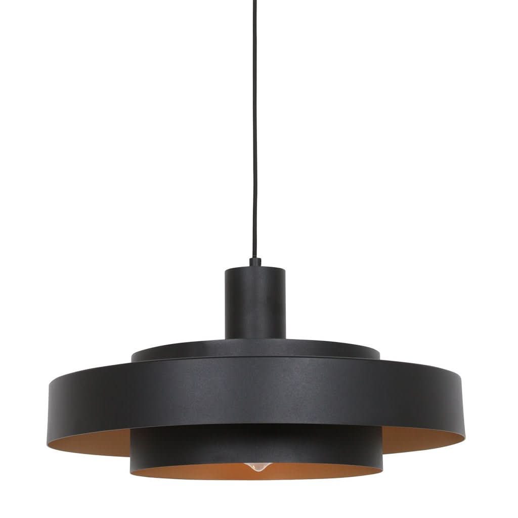 Vue de face du luminaire noir à abat-jour cylindrique étagé sur fond blanc