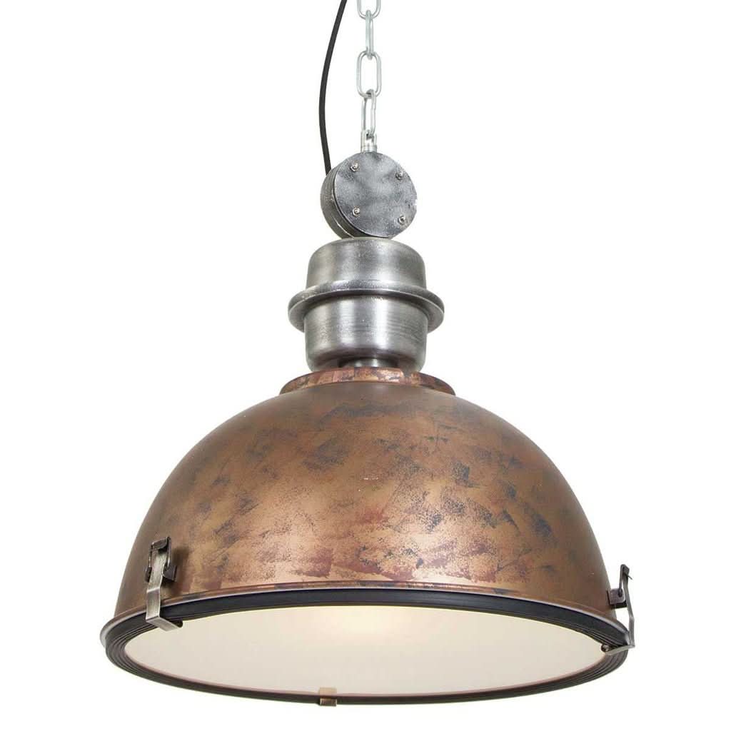 Suspension industrielle marron avec abat-jour bombé et chaîne, vue de face.