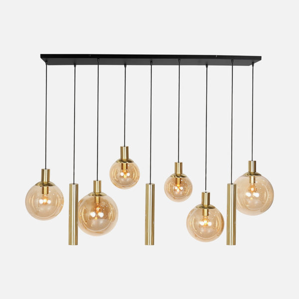 Brass and amber glass pendant light, 9-light bar, dining room | Bollique