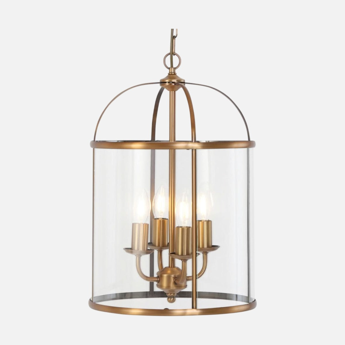 Vue de face du luminaire suspendu en bronze avec cage en verre cylindrique et quatre lumières