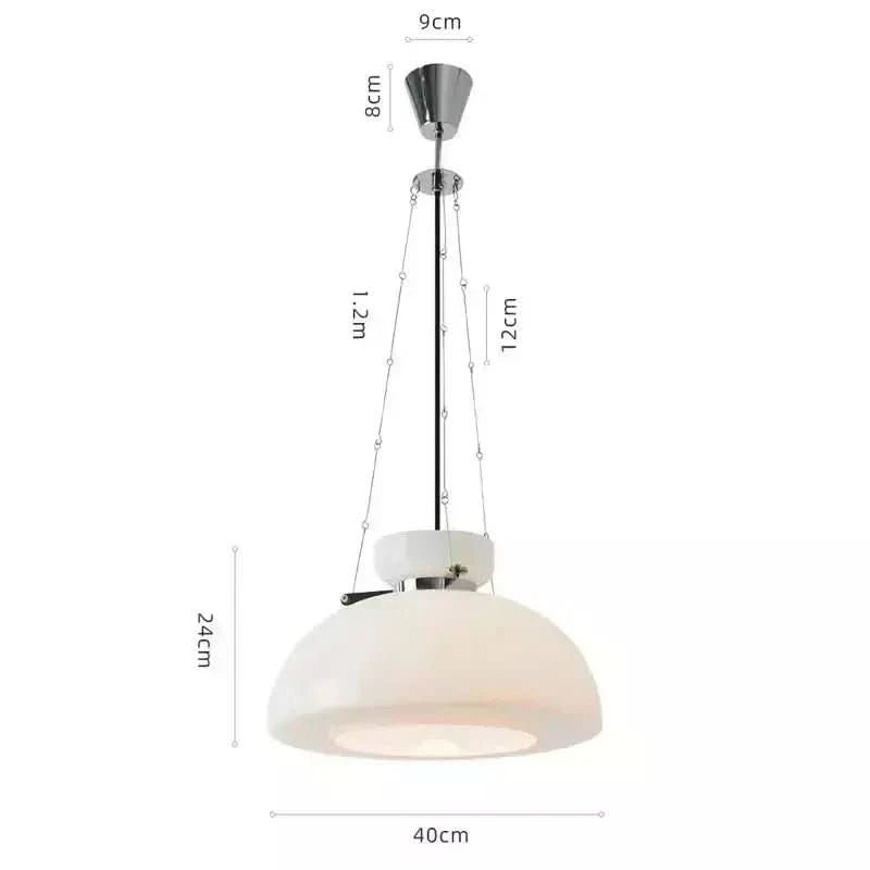 Schéma coté de la suspension : diamètre 40 cm, hauteur 24 cm, câble 1,2 m.