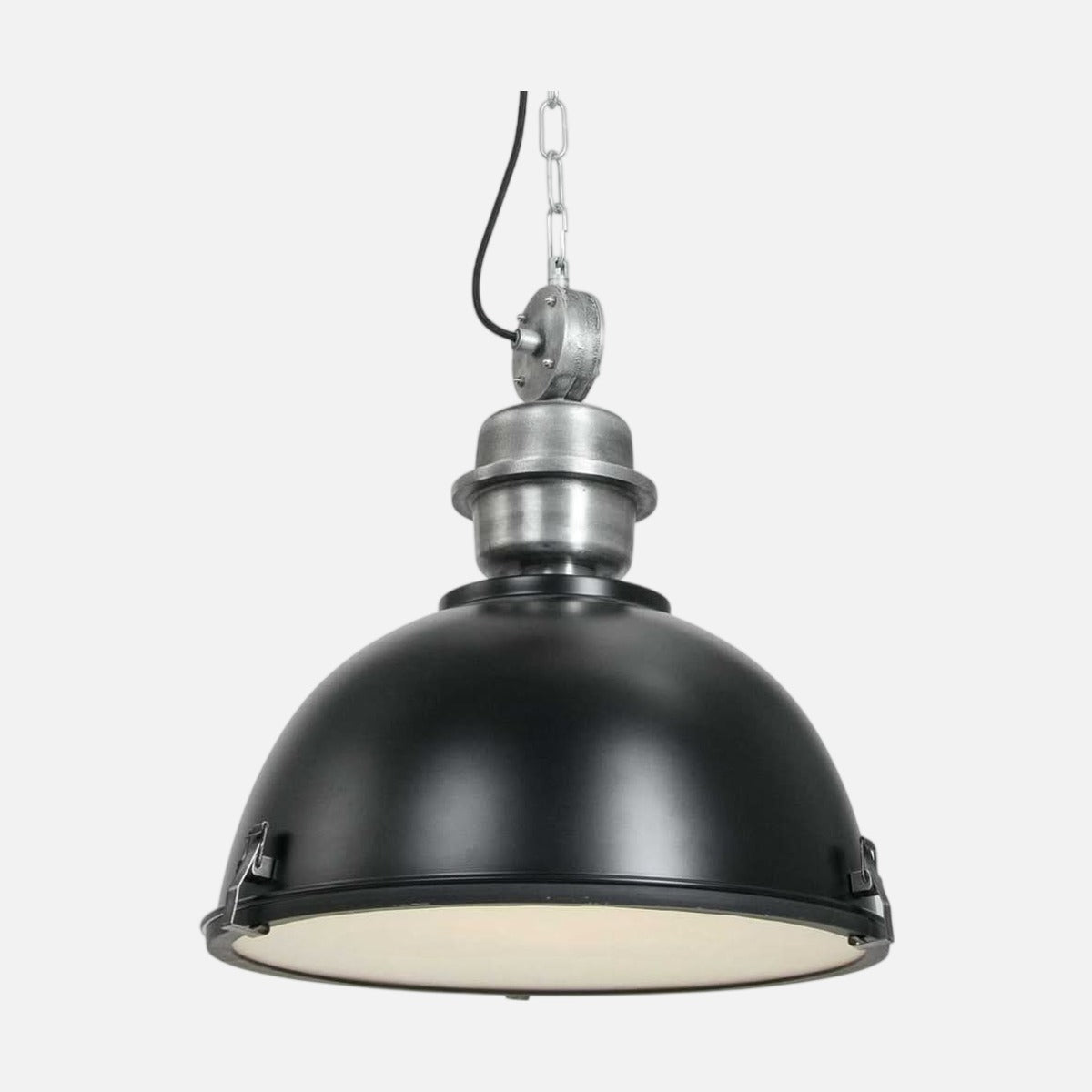 Suspension métal noir industriel Bikkel, dôme Ø 42 cm à diffuseur verre, accents acier brossé