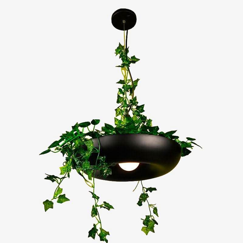 Suspension noire ovale entourée de lierre vert retombant, sur fond clair isolé