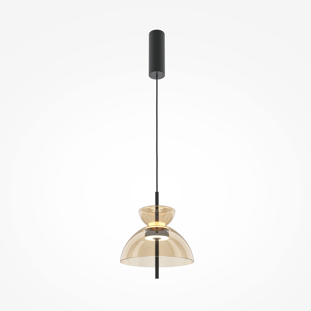 Vue de face du luminaire suspendu, double abat-jour en verre ambré et tige noire