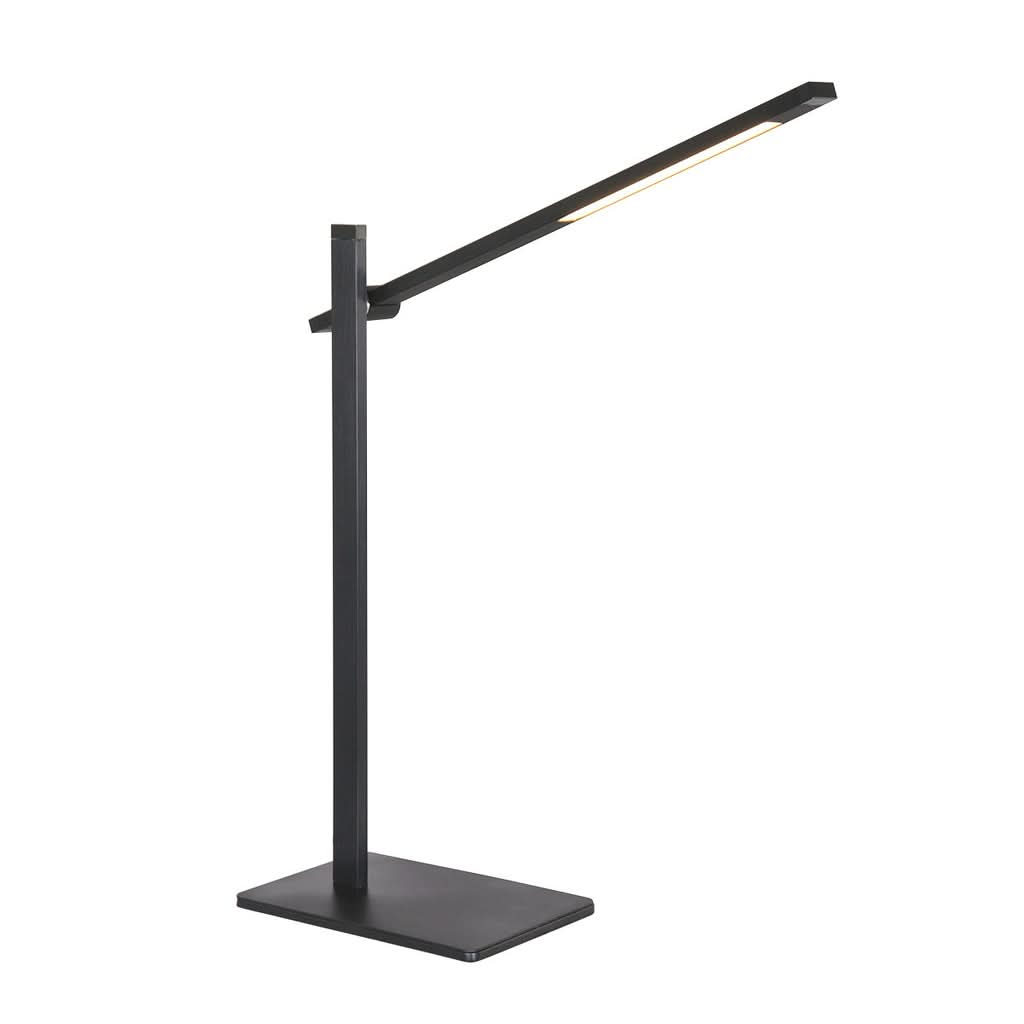 Vue de trois quarts d'une lampe de table noire à bras incliné