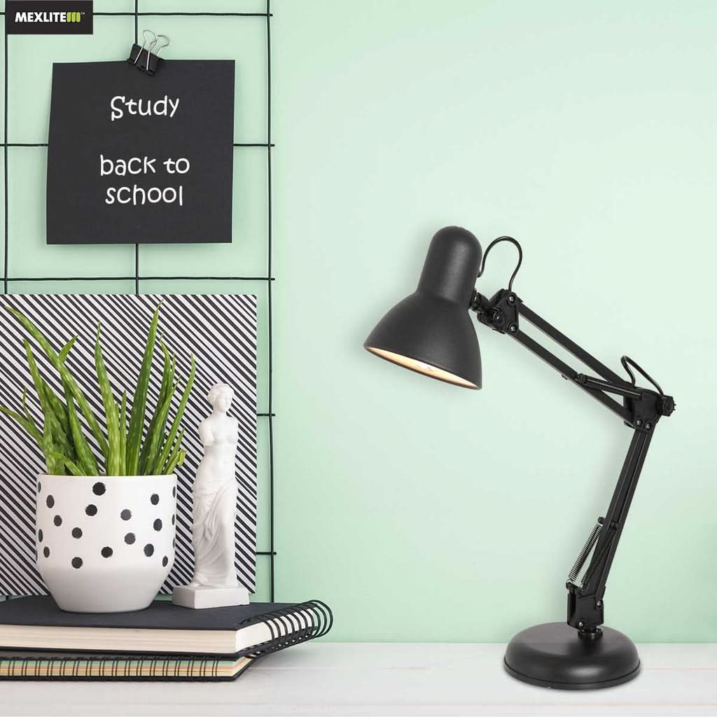 Mise en ambiance d'un bureau avec lampe noire, plante verte et cahiers.