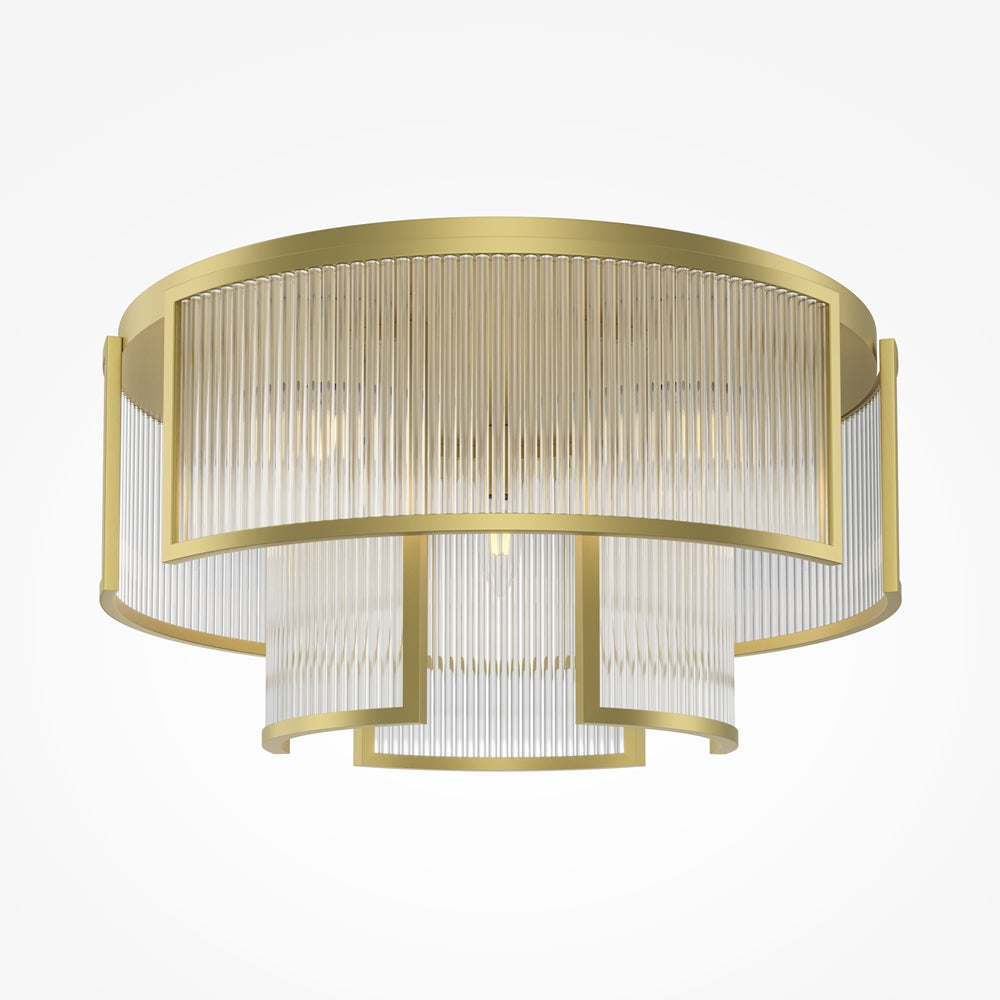 Luminaire doré circulaire à abat-jour cylindrique en verre strié, présenté de face