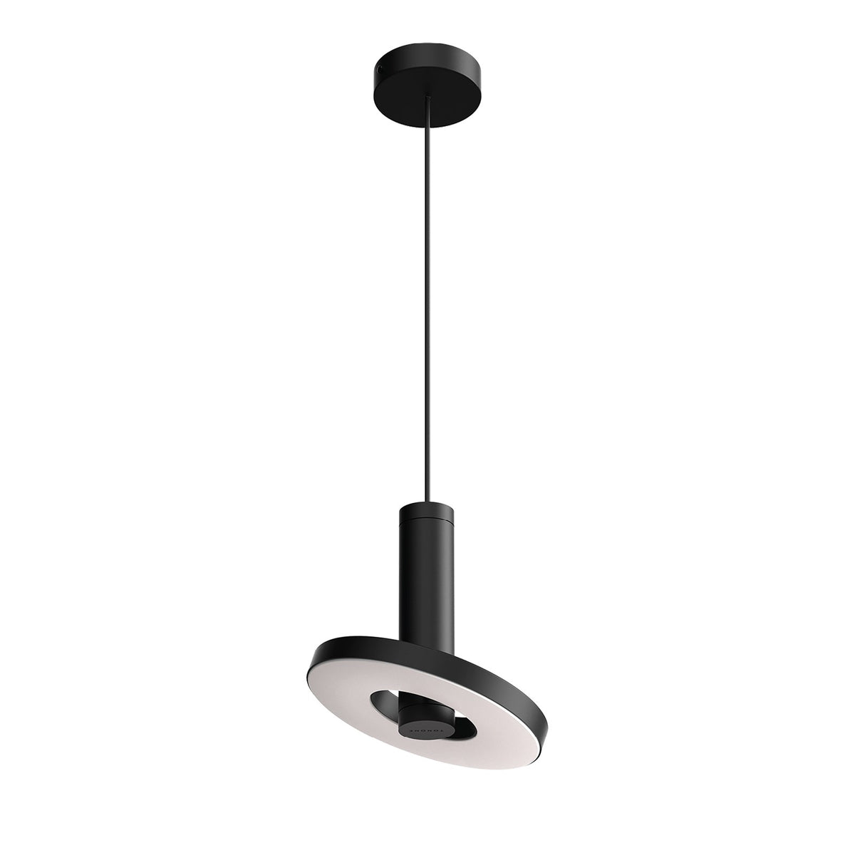 Suspension noire vue de trois quarts avec grand diffuseur circulaire blanc et câble fin.