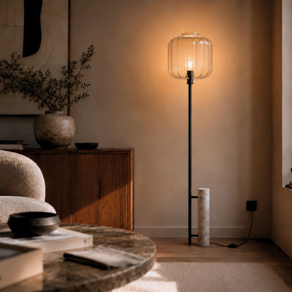 Lampadaire Velo, H 180 cm, pied en travertin, monture noire