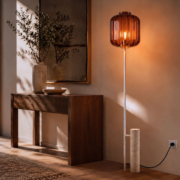 Lampadaire Velo, pied en travertin, monture blanche