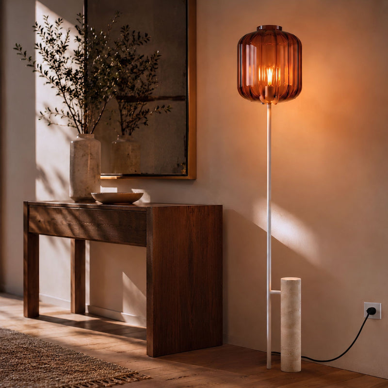 Lampadaire Velo, pied en travertin, monture blanche