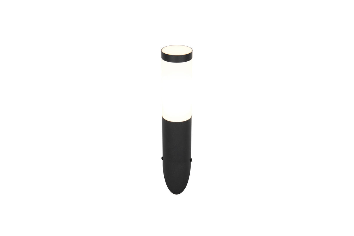 Vue de face verticale du luminaire allumé, diffuseur opale et base noire mate