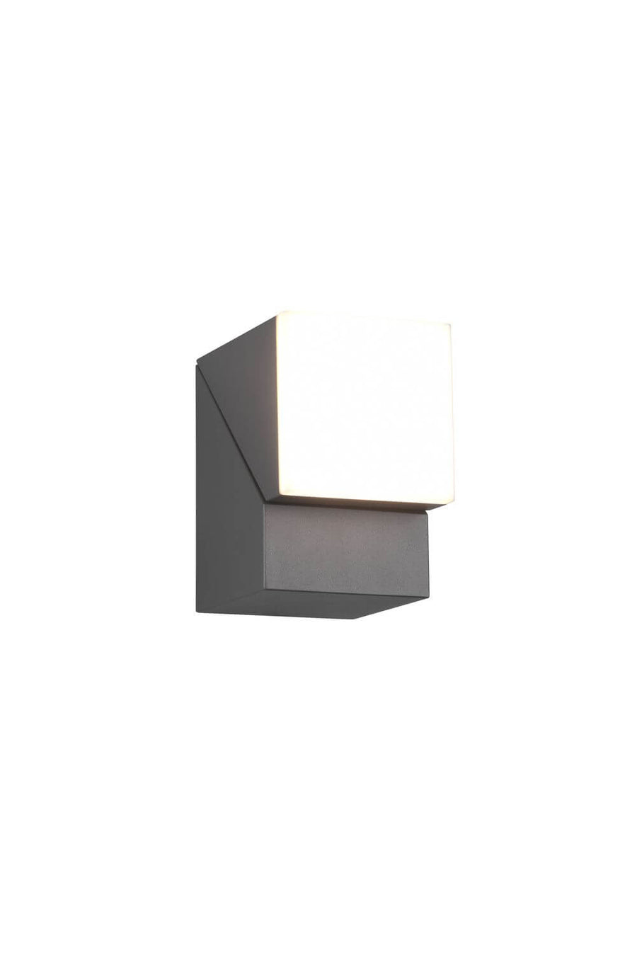 Vue rapprochée de l'applique avec diffuseur blanc carré et corps anthracite rectangulaire.